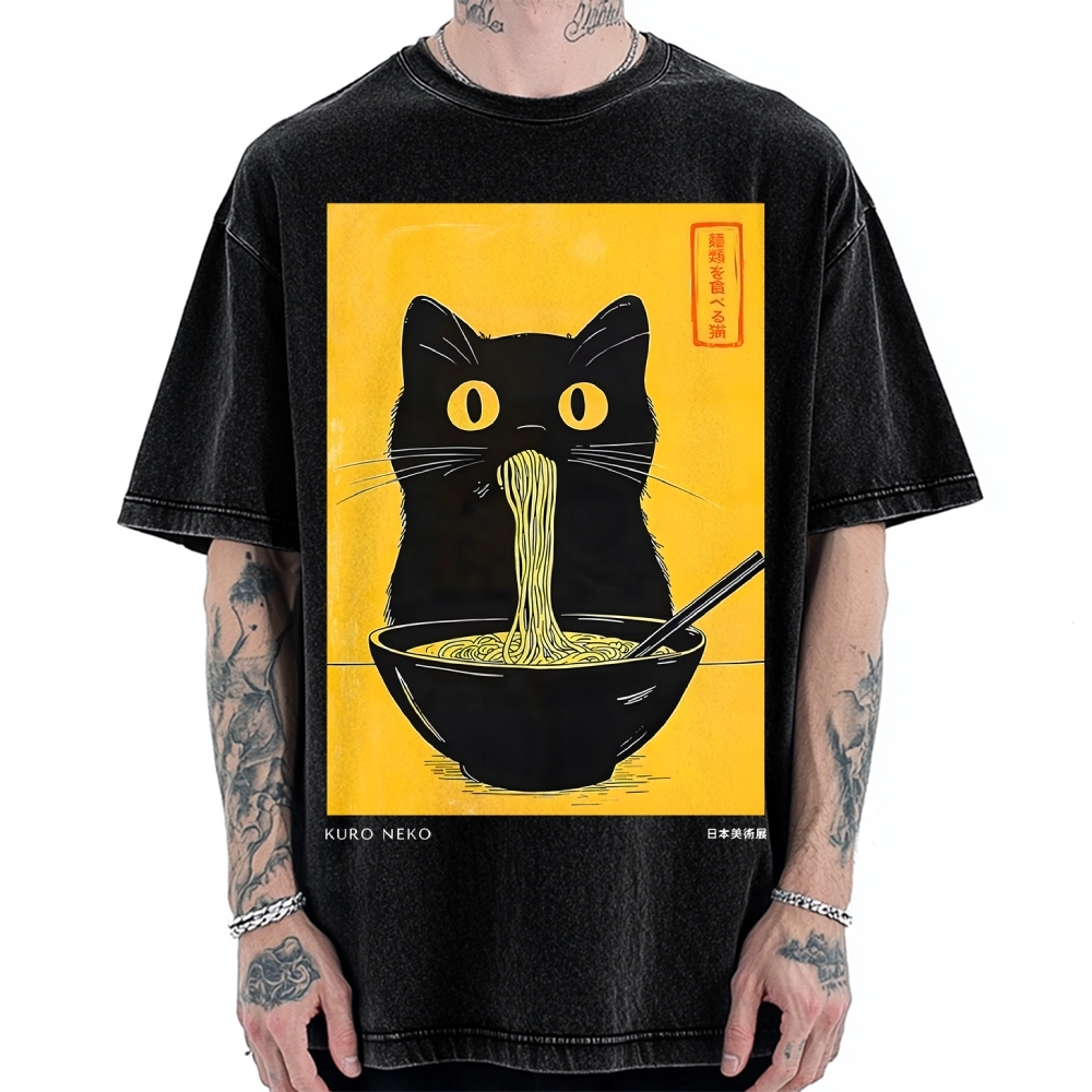 Ramen Cat Japanese Art Vintage Washed T-shirt
