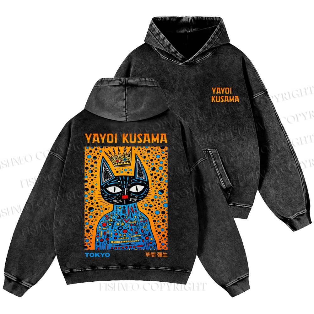 Unisex Casual Japanese Yayoi Kusama Cat Printed Washed Hoodie