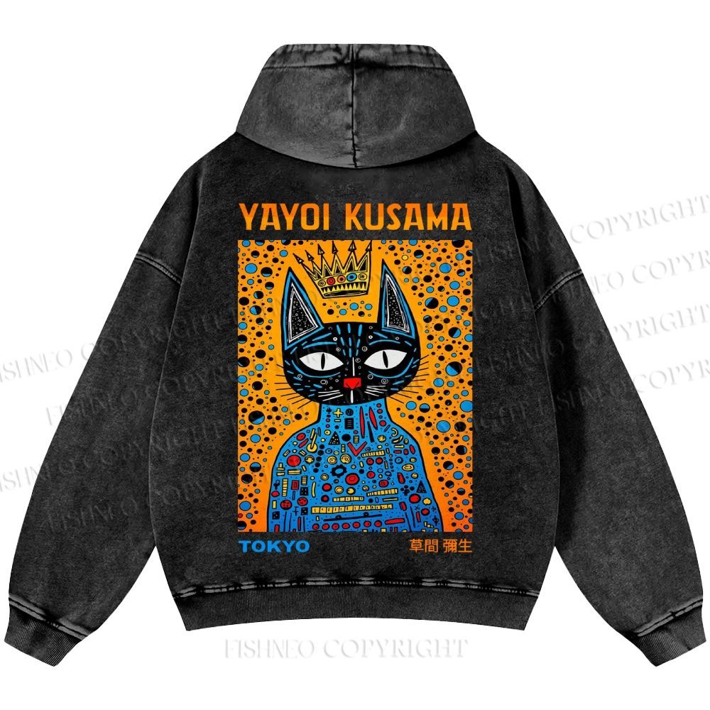 Unisex Casual Japanese Yayoi Kusama Cat Printed Washed Hoodie