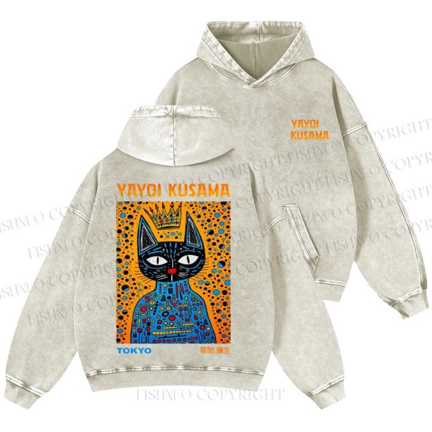 Unisex Casual Japanese Yayoi Kusama Cat Printed Washed Hoodie