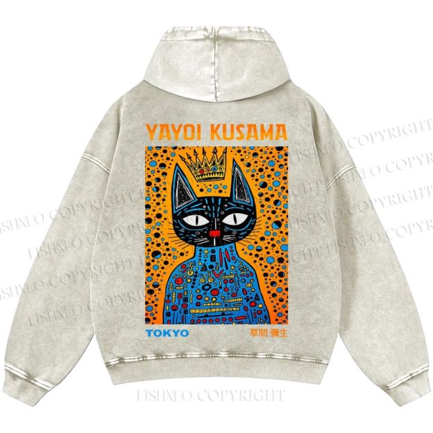 Unisex Casual Japanese Yayoi Kusama Cat Printed Washed Hoodie