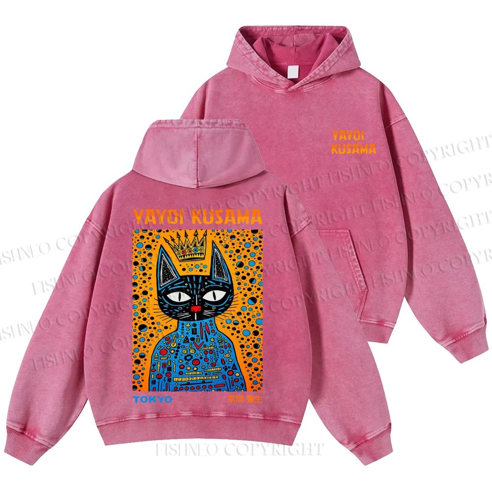 Unisex Casual Japanese Yayoi Kusama Cat Printed Washed Hoodie