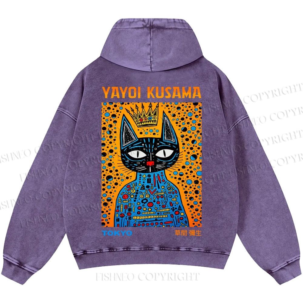 Unisex Casual Japanese Yayoi Kusama Cat Printed Washed Hoodie