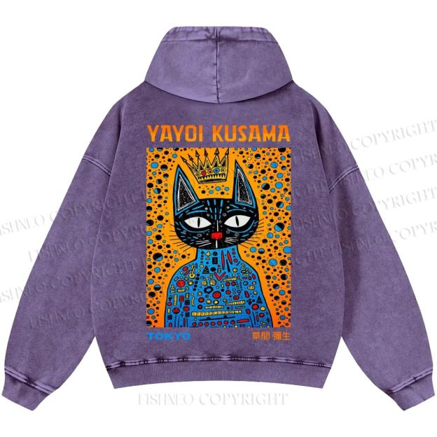 Unisex Casual Japanese Yayoi Kusama Cat Printed Washed Hoodie