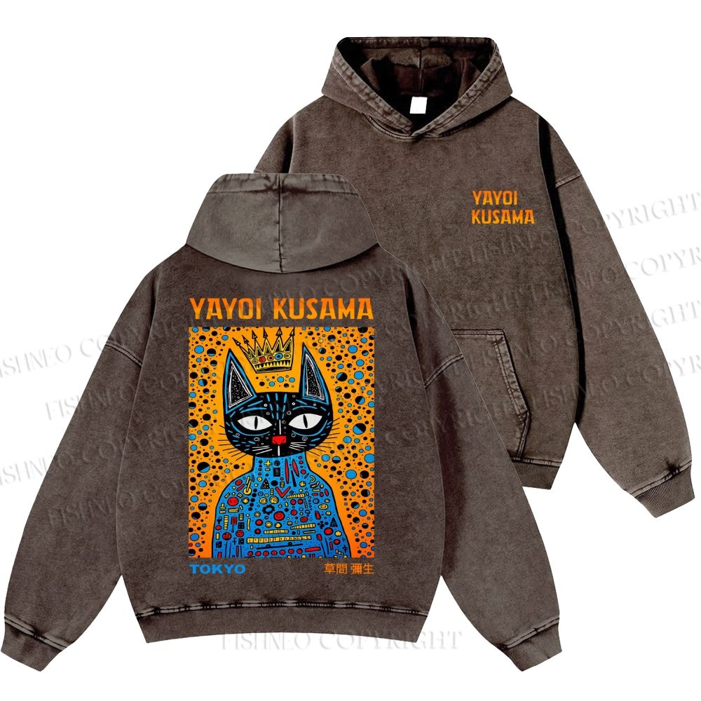 Unisex Casual Japanese Yayoi Kusama Cat Printed Washed Hoodie