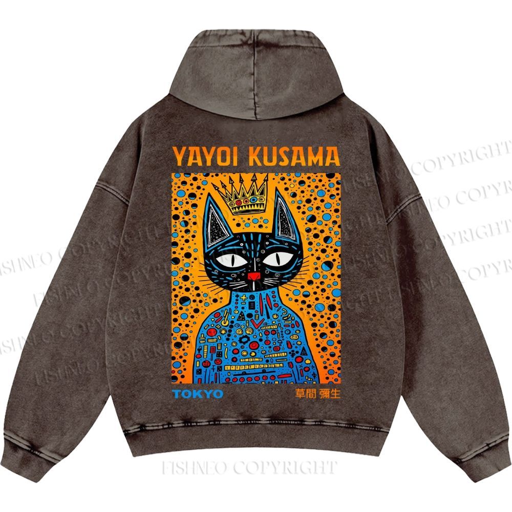 Unisex Casual Japanese Yayoi Kusama Cat Printed Washed Hoodie