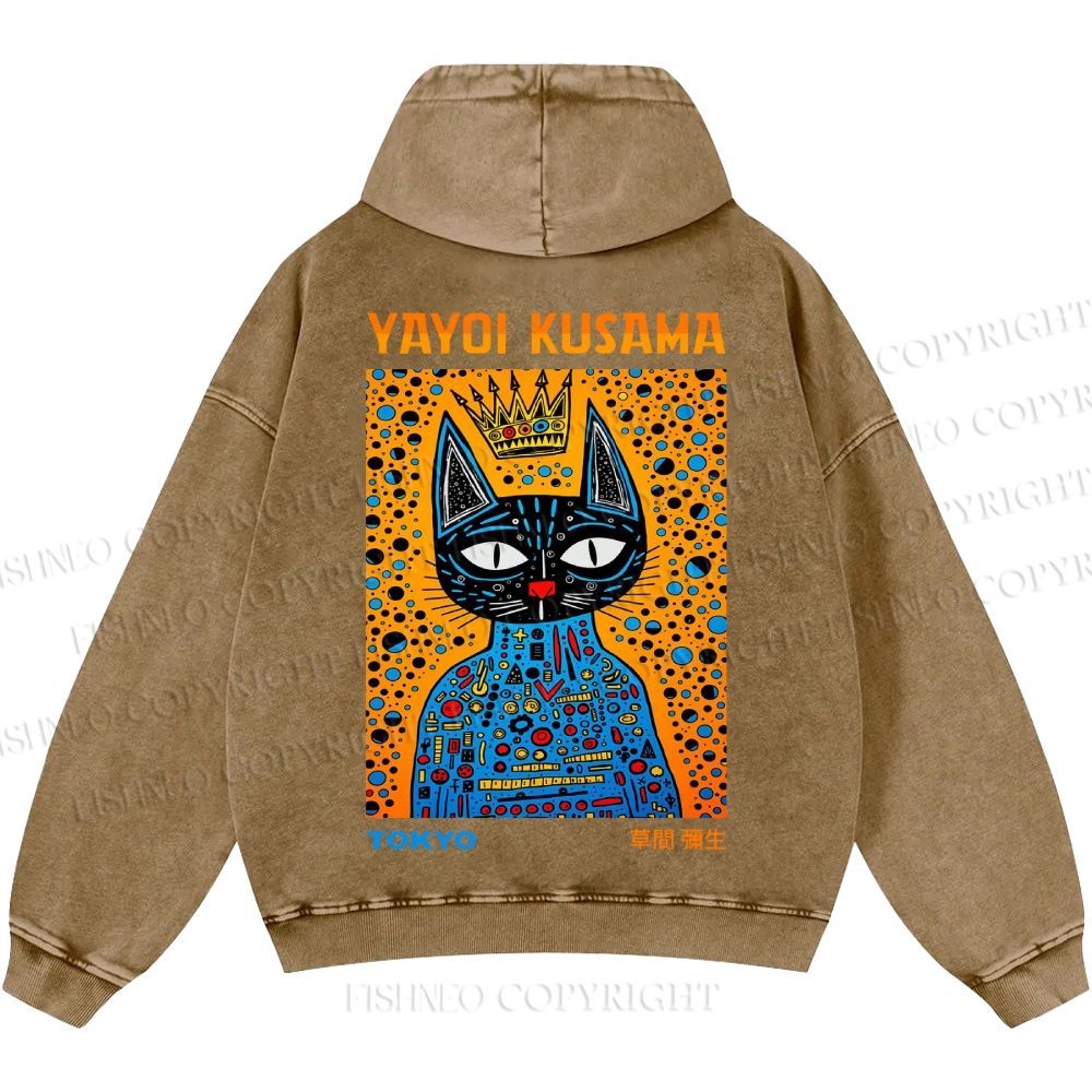 Unisex Casual Japanese Yayoi Kusama Cat Printed Washed Hoodie