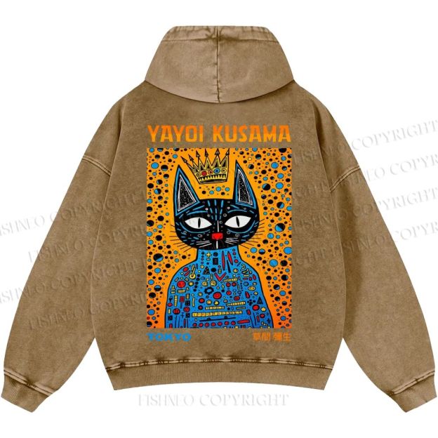 Unisex Casual Japanese Yayoi Kusama Cat Printed Washed Hoodie