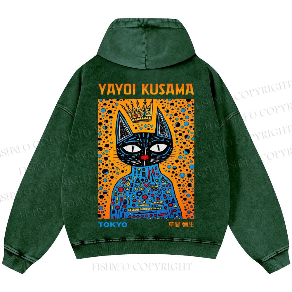 Unisex Casual Japanese Yayoi Kusama Cat Printed Washed Hoodie
