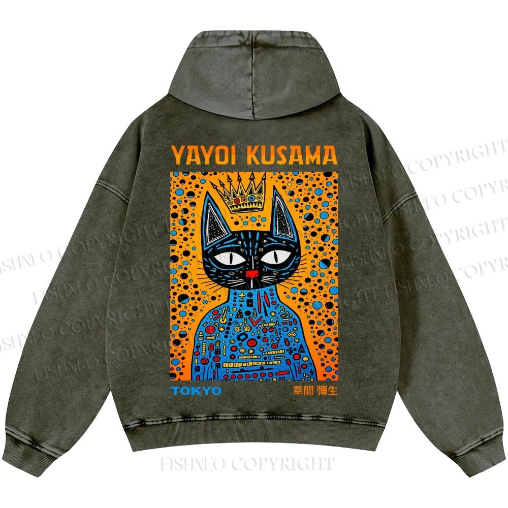 Unisex Casual Japanese Yayoi Kusama Cat Printed Washed Hoodie