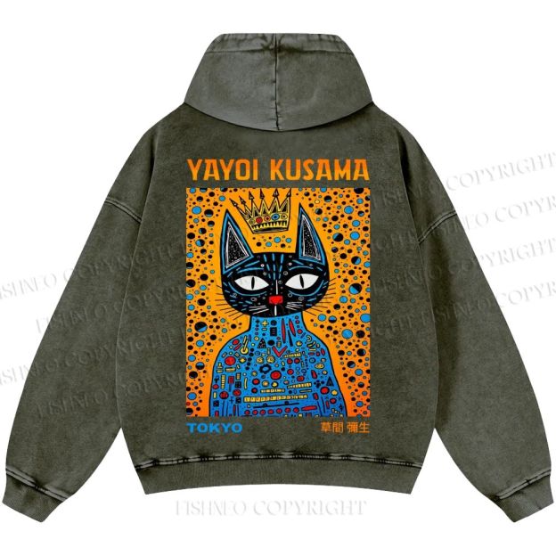 Unisex Casual Japanese Yayoi Kusama Cat Printed Washed Hoodie