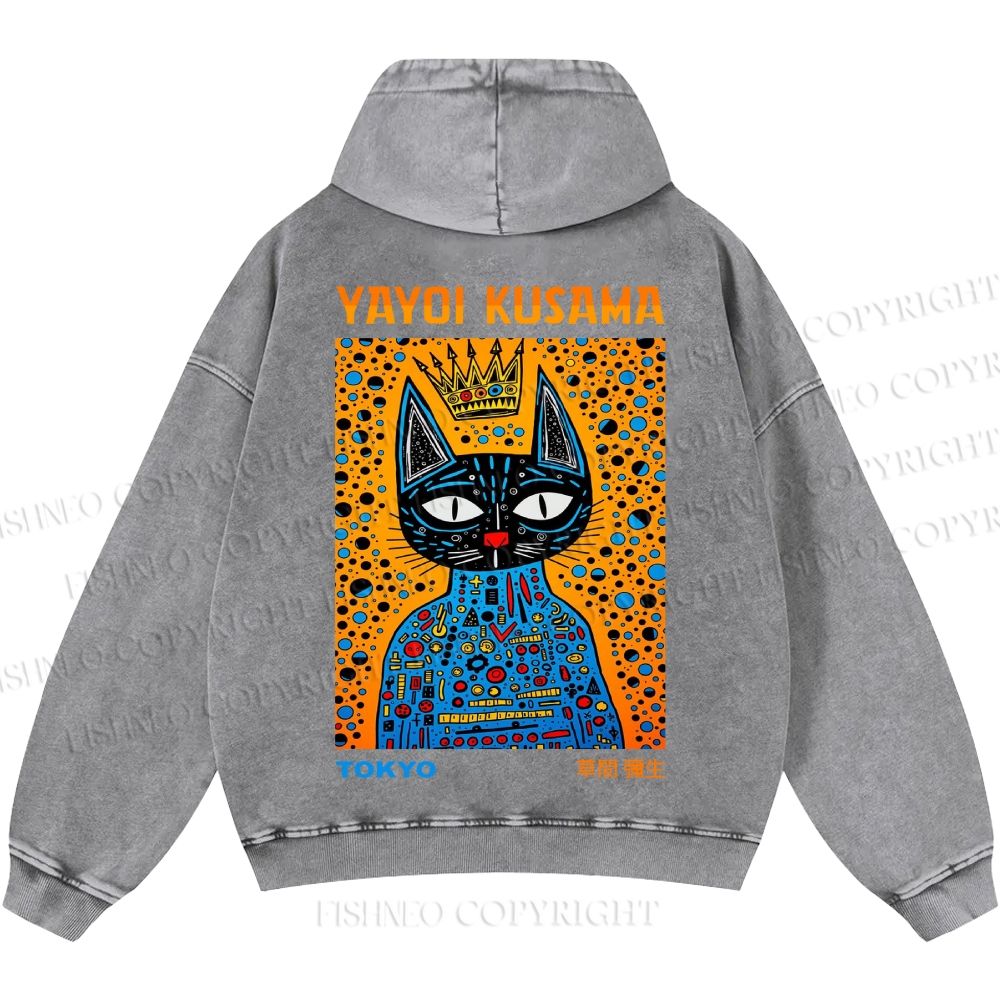 Unisex Casual Japanese Yayoi Kusama Cat Printed Washed Hoodie
