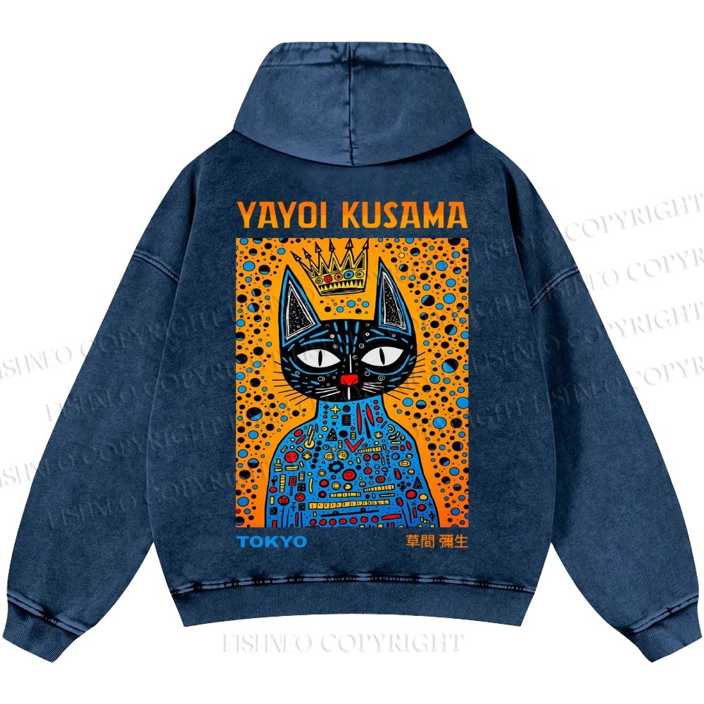 Unisex Casual Japanese Yayoi Kusama Cat Printed Washed Hoodie