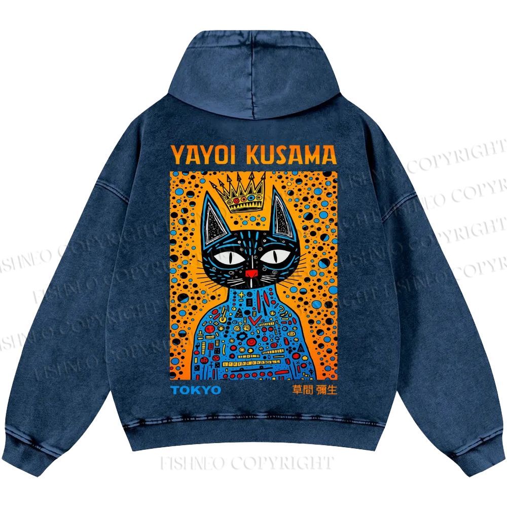 Unisex Casual Japanese Yayoi Kusama Cat Printed Washed Hoodie
