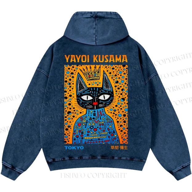 Unisex Casual Japanese Yayoi Kusama Cat Printed Washed Hoodie