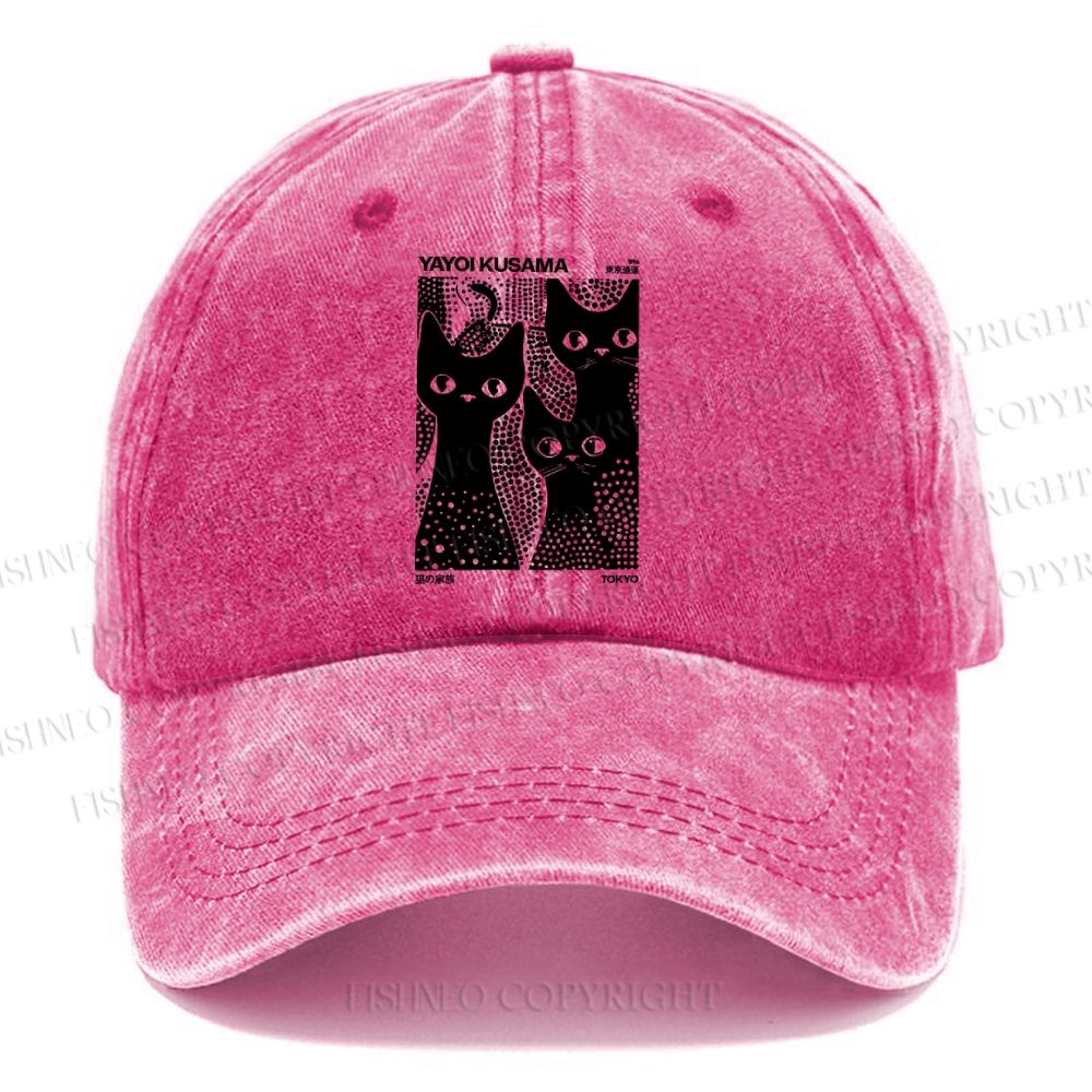 Unisex Vintage Japanese Yayoi Kusama Black Cat Casual Washed Cap