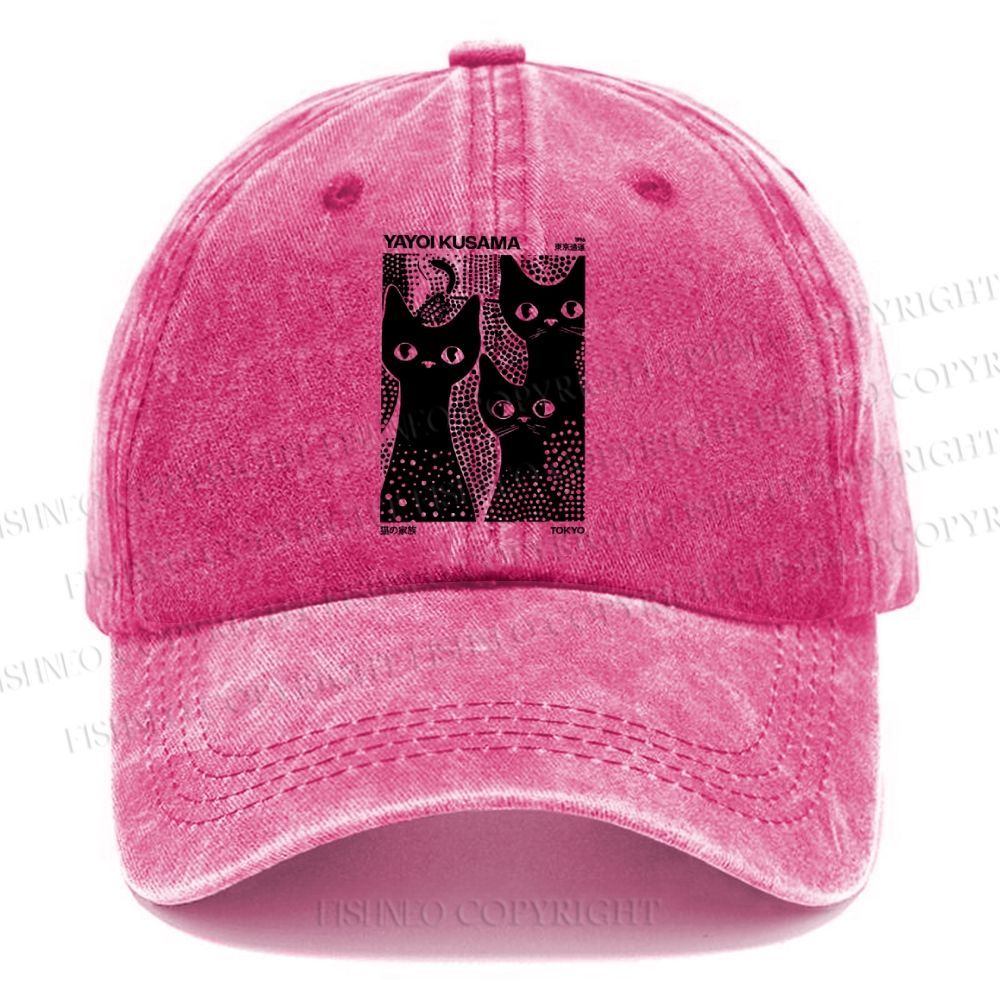 Unisex Vintage Japanese Yayoi Kusama Black Cat Casual Washed Cap