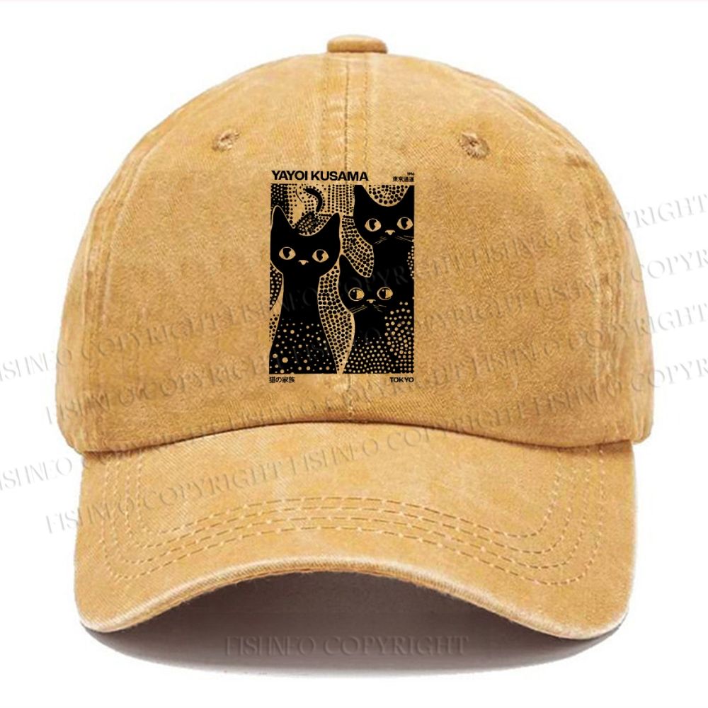 Unisex Vintage Japanese Yayoi Kusama Black Cat Casual Washed Cap