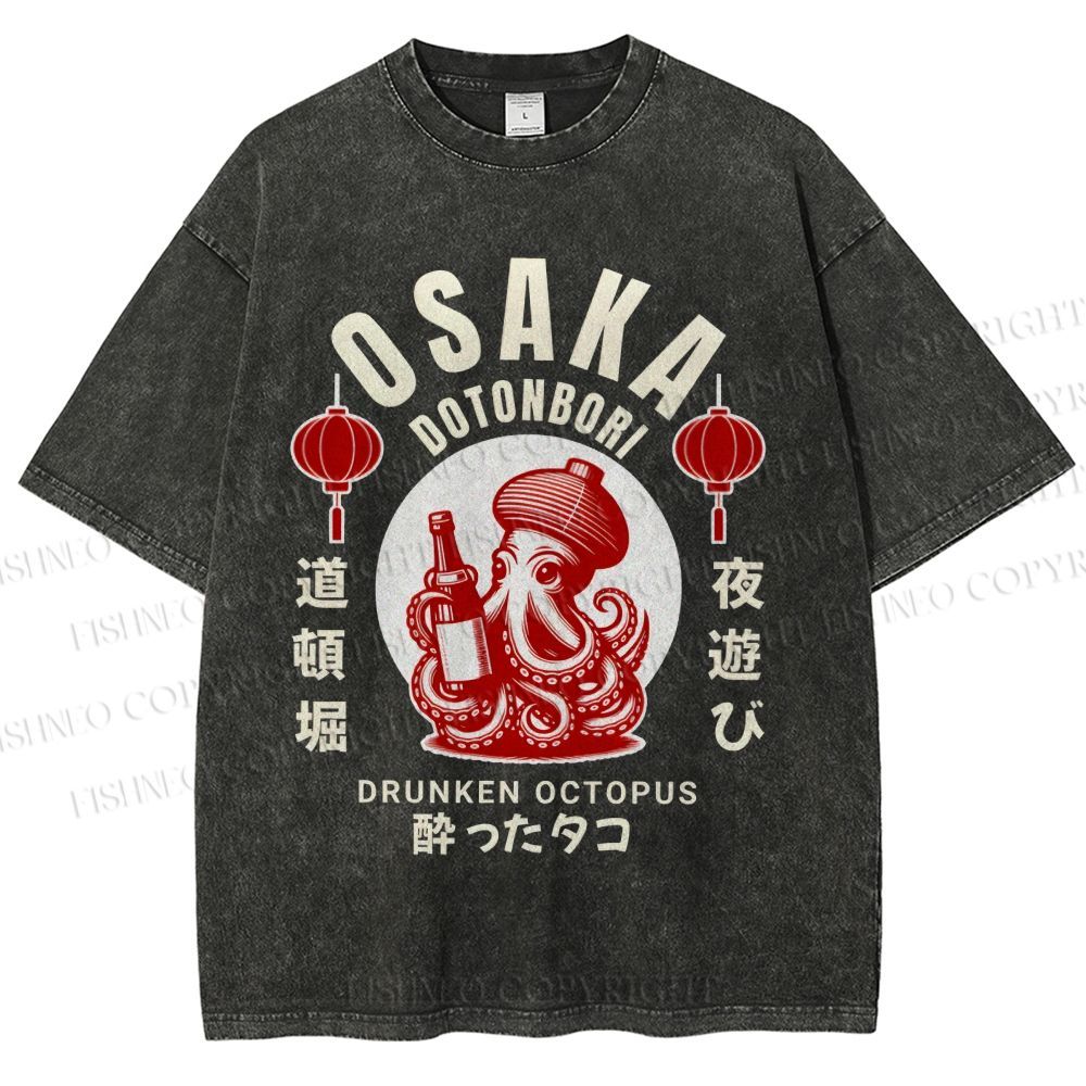 Unisex Osaka Dotonbori Drunken Octopus Printed Washed Tee
