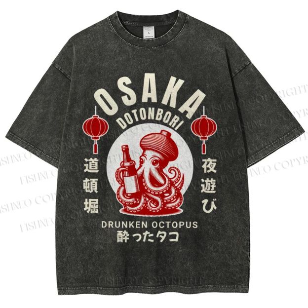 Unisex Osaka Dotonbori Drunken Octopus Printed Washed Tee