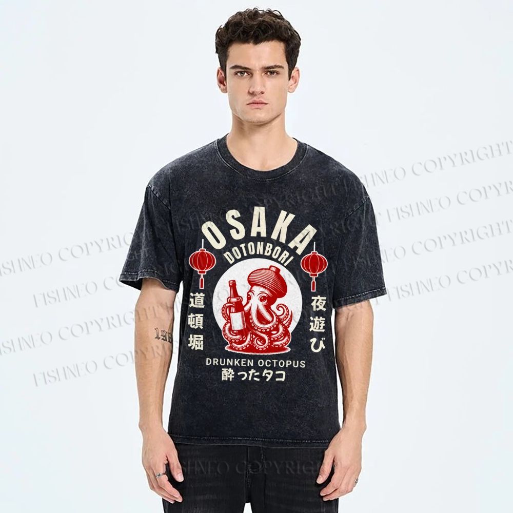 Unisex Osaka Dotonbori Drunken Octopus Printed Washed Tee