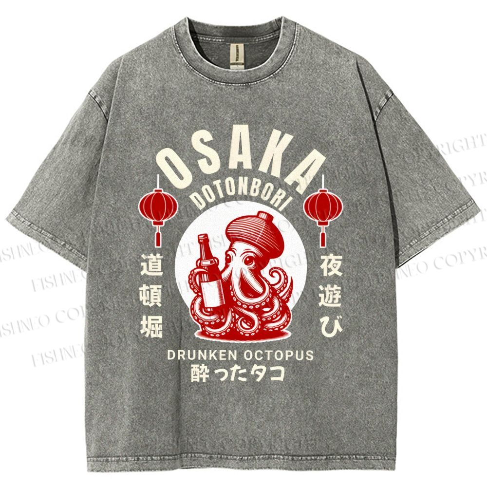 Unisex Osaka Dotonbori Drunken Octopus Printed Washed Tee