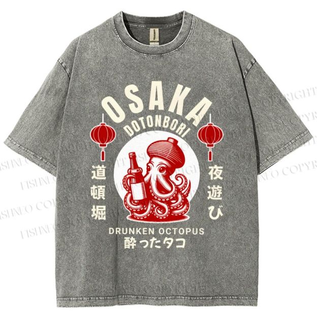 Unisex Osaka Dotonbori Drunken Octopus Printed Washed Tee