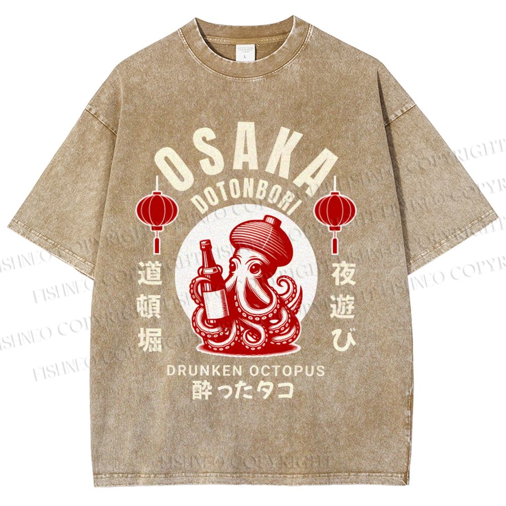 Unisex Osaka Dotonbori Drunken Octopus Printed Washed Tee
