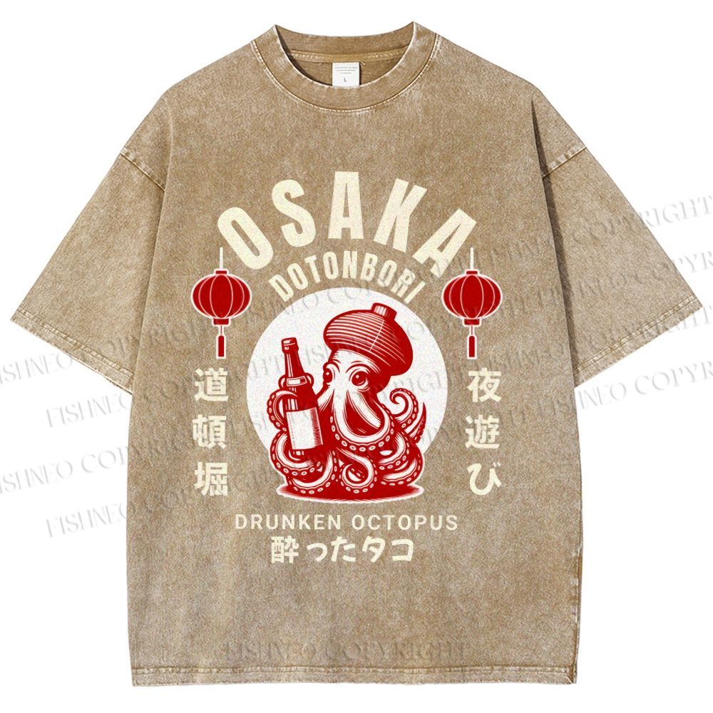 Unisex Osaka Dotonbori Drunken Octopus Printed Washed Tee