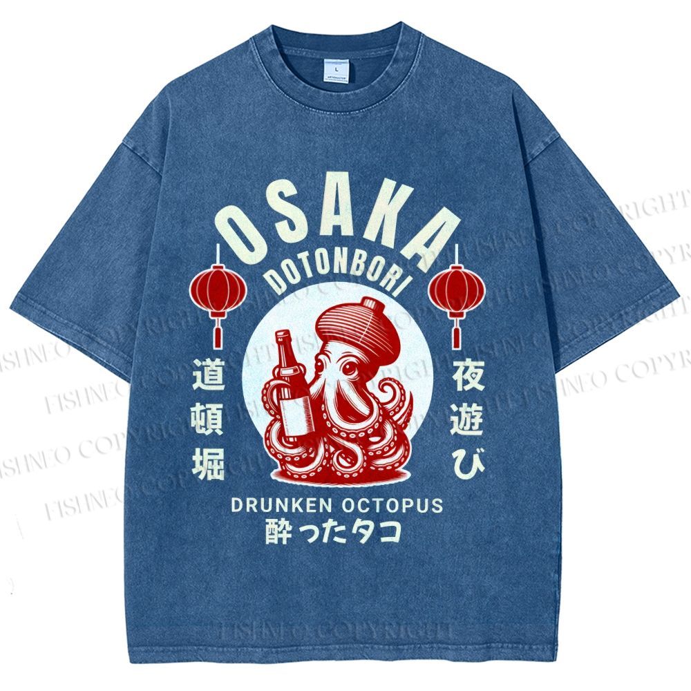 Unisex Osaka Dotonbori Drunken Octopus Printed Washed Tee