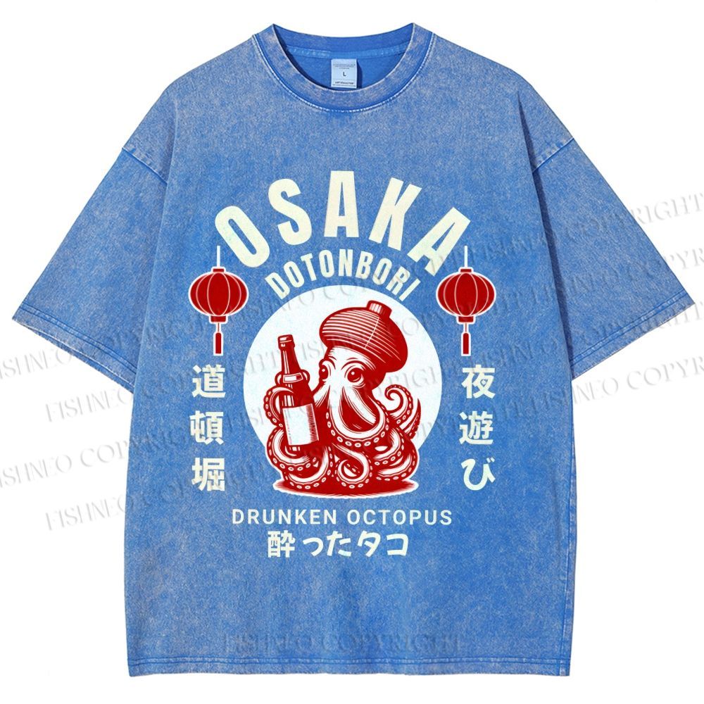 Unisex Osaka Dotonbori Drunken Octopus Printed Washed Tee