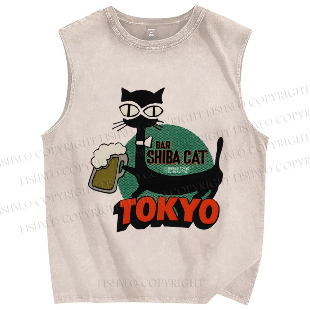 Unisex Vintage Shiba Cat Bar Tokyo Printed Washed Tank Top