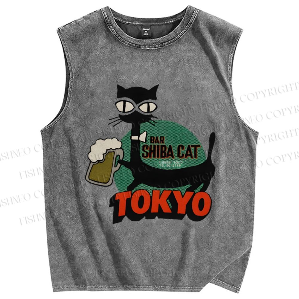 Unisex Vintage Shiba Cat Bar Tokyo Printed Washed Tank Top