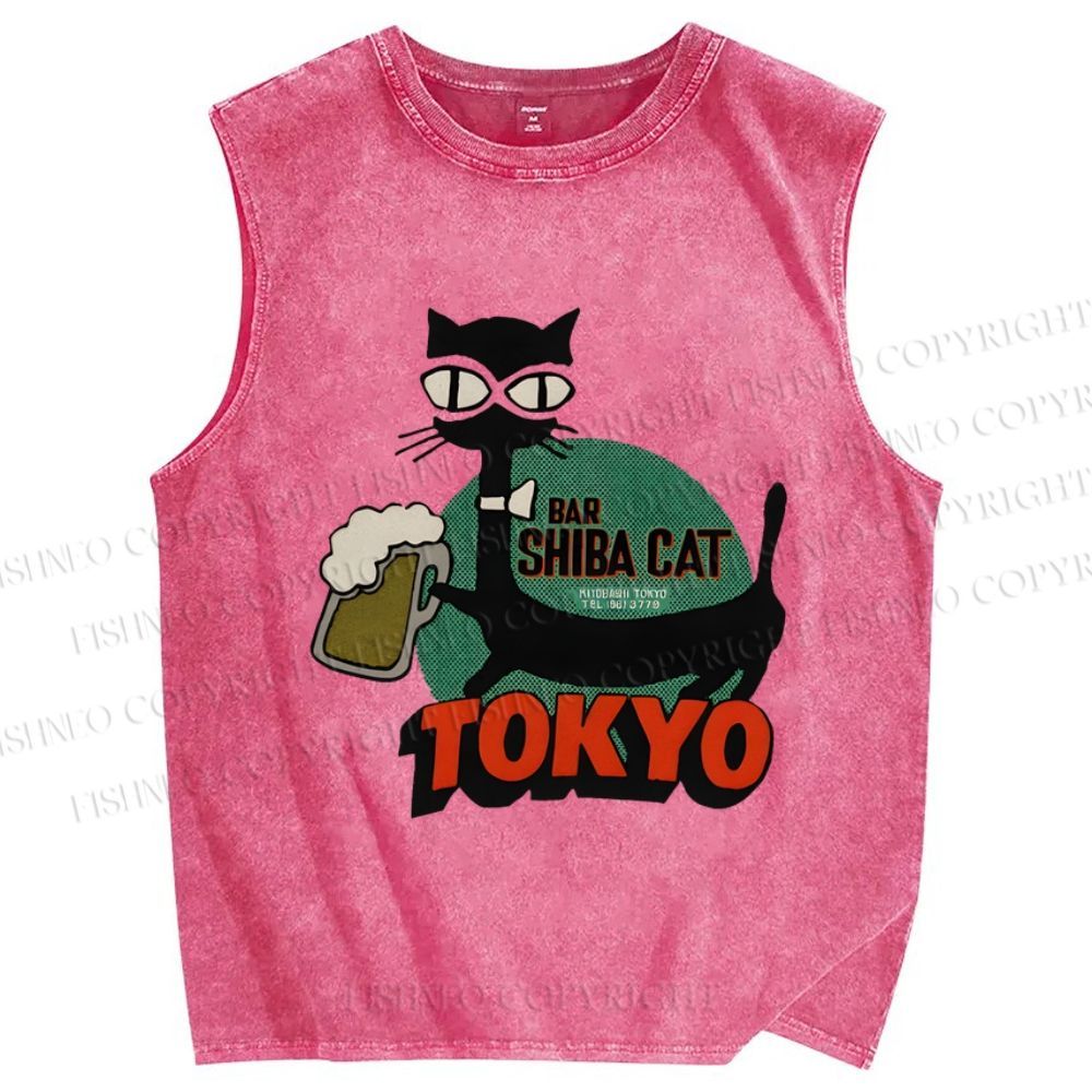 Unisex Vintage Shiba Cat Bar Tokyo Printed Washed Tank Top