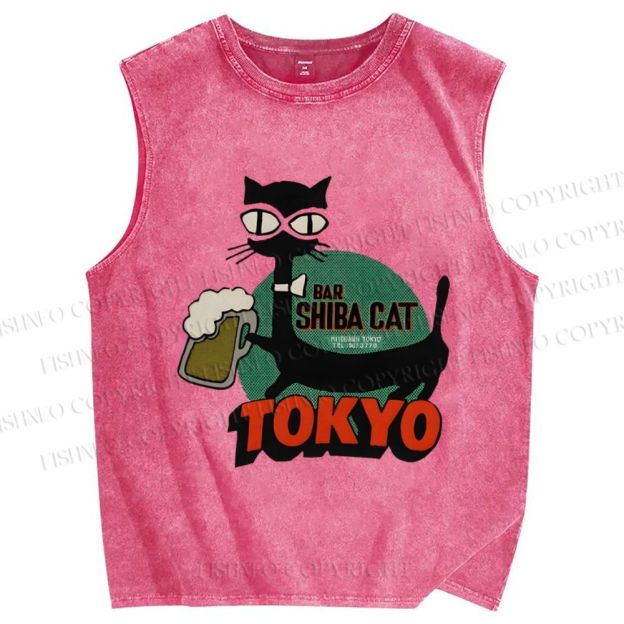 Unisex Vintage Shiba Cat Bar Tokyo Printed Washed Tank Top