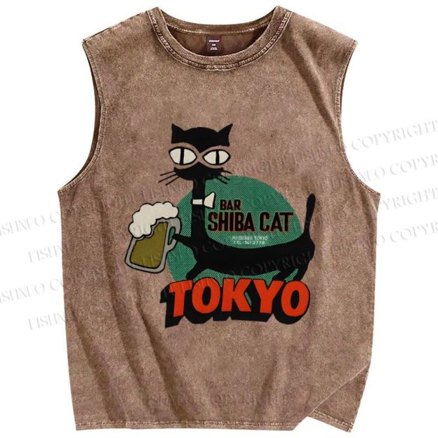 Unisex Vintage Shiba Cat Bar Tokyo Printed Washed Tank Top