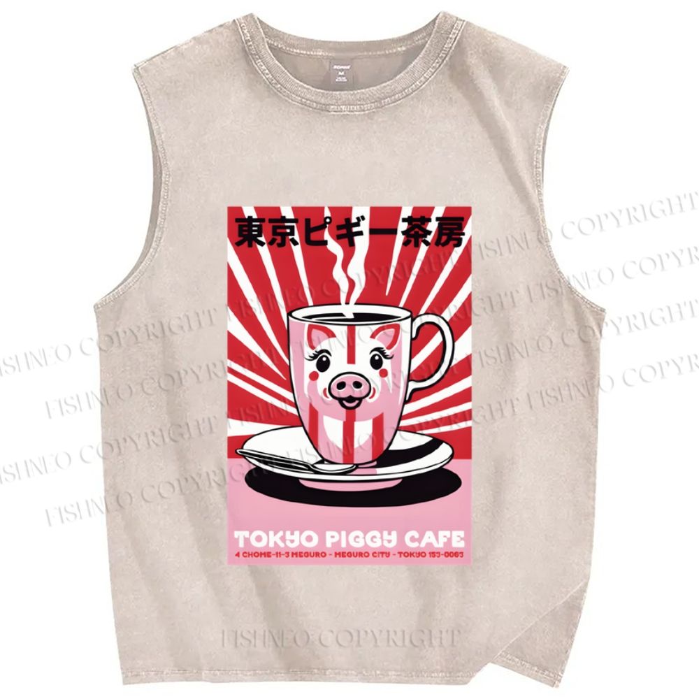 Unisex Tokyo Piggy Cafe Printed Washed Tank Top