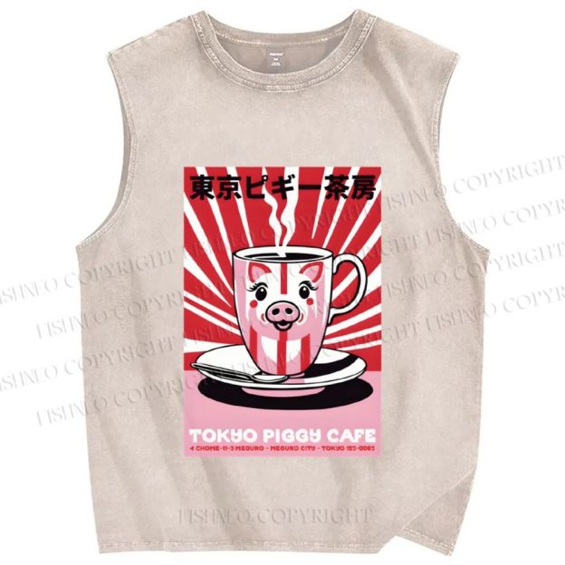 Unisex Tokyo Piggy Cafe Printed Washed Tank Top