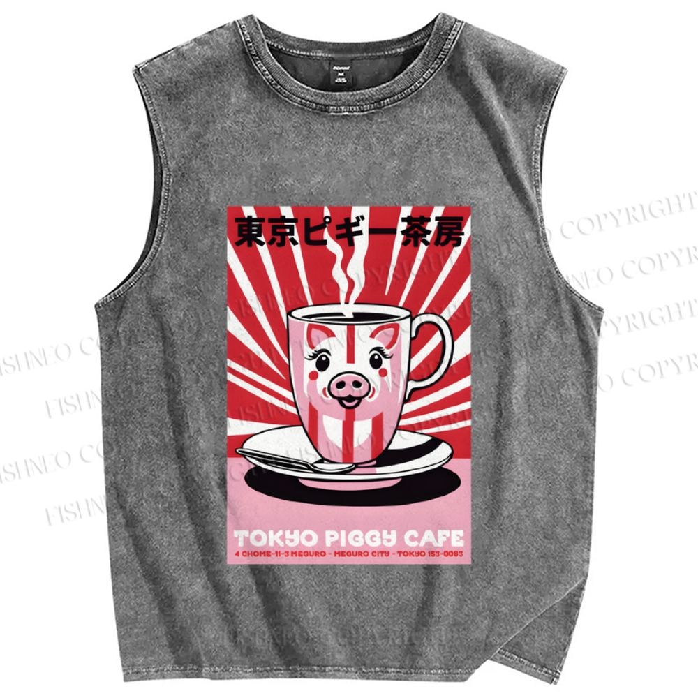 Unisex Tokyo Piggy Cafe Printed Washed Tank Top