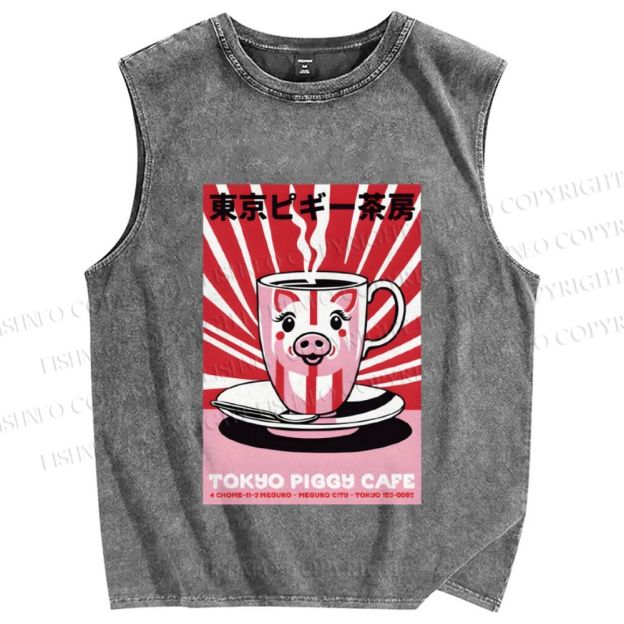 Unisex Tokyo Piggy Cafe Printed Washed Tank Top