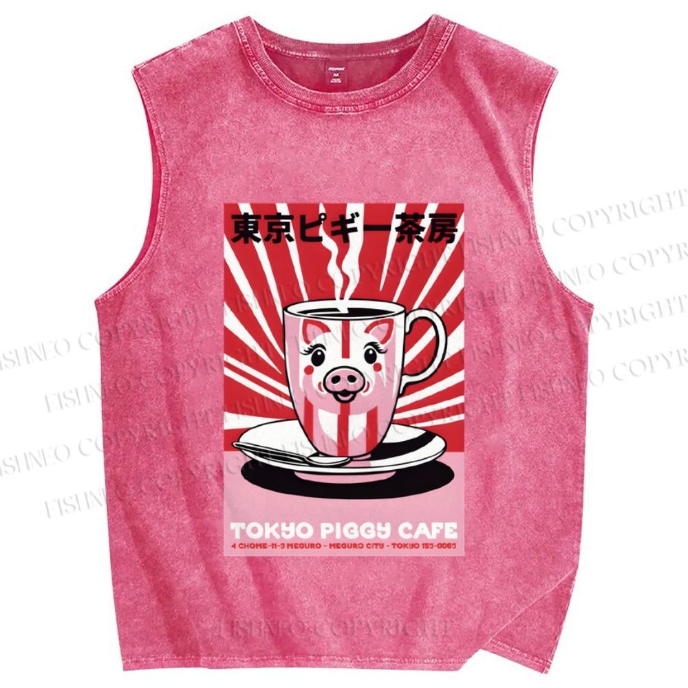 Unisex Tokyo Piggy Cafe Printed Washed Tank Top