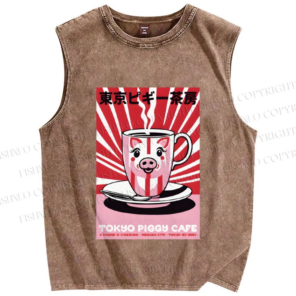Unisex Tokyo Piggy Cafe Printed Washed Tank Top