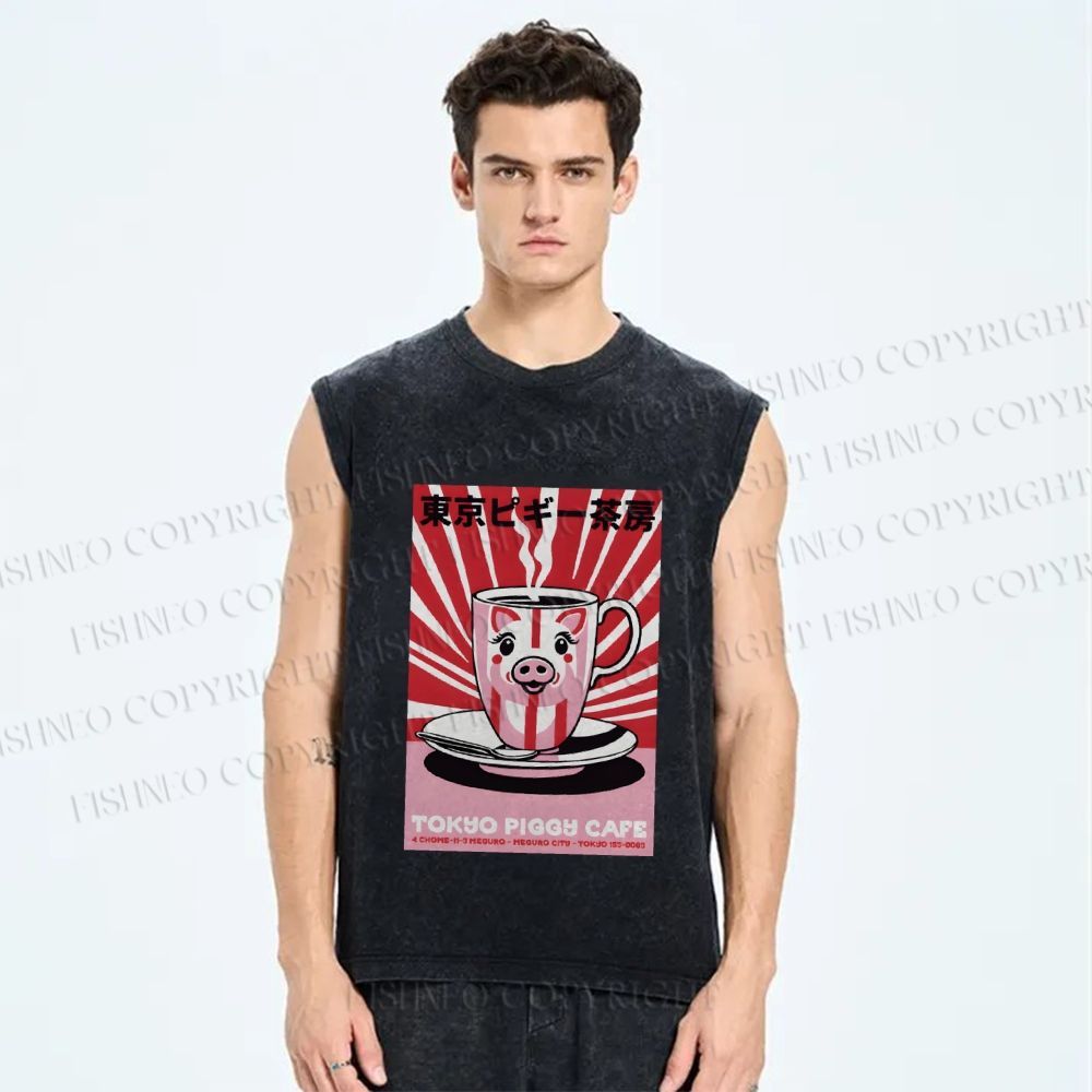 Unisex Tokyo Piggy Cafe Printed Washed Tank Top