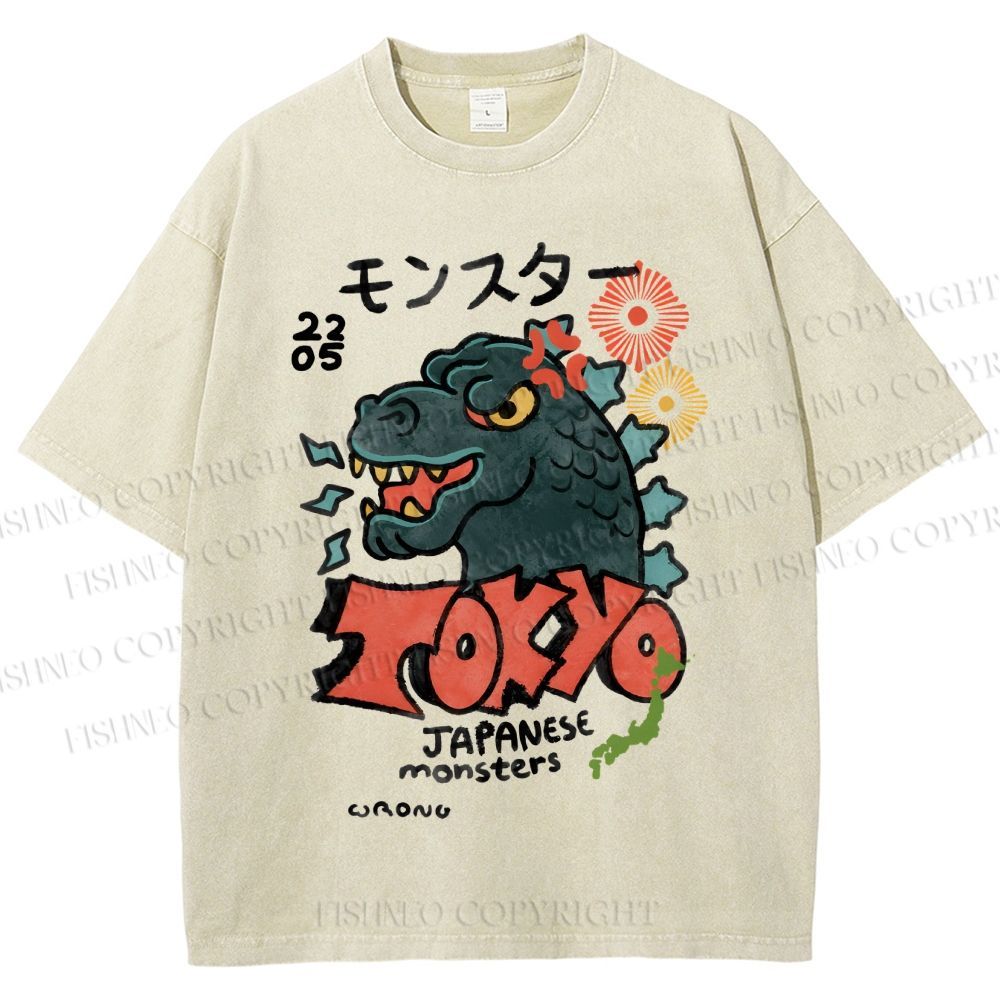 Unisex Japanese Monsters Printed Washed Tee