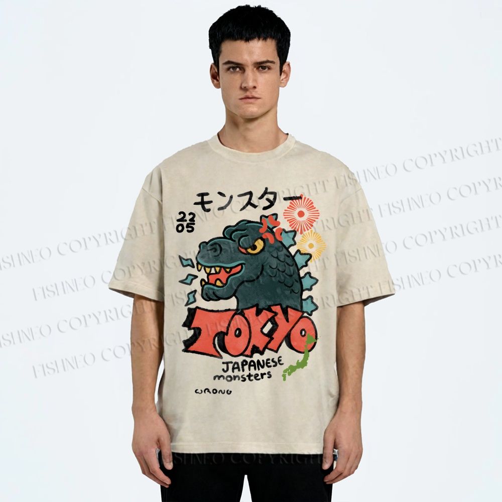 Unisex Japanese Monsters Printed Washed Tee