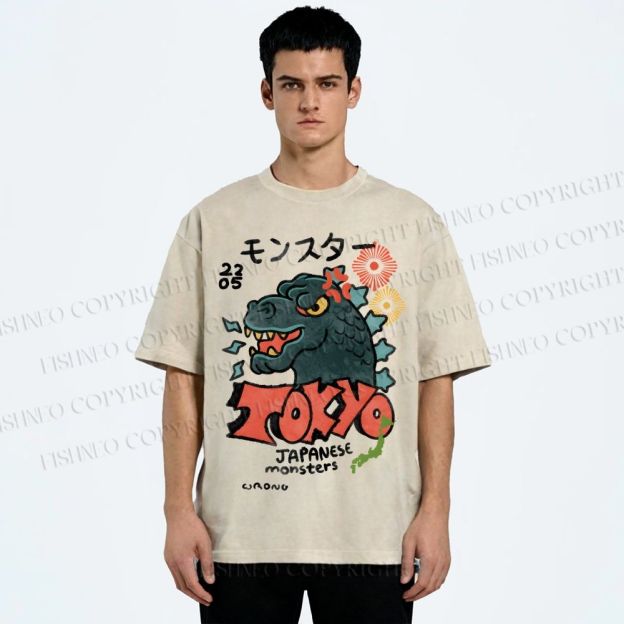Unisex Japanese Monsters Printed Washed Tee
