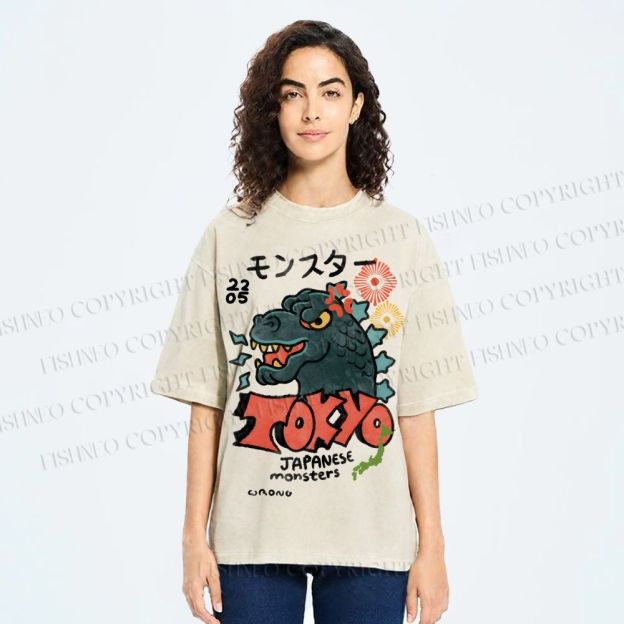 Unisex Japanese Monsters Printed Washed Tee