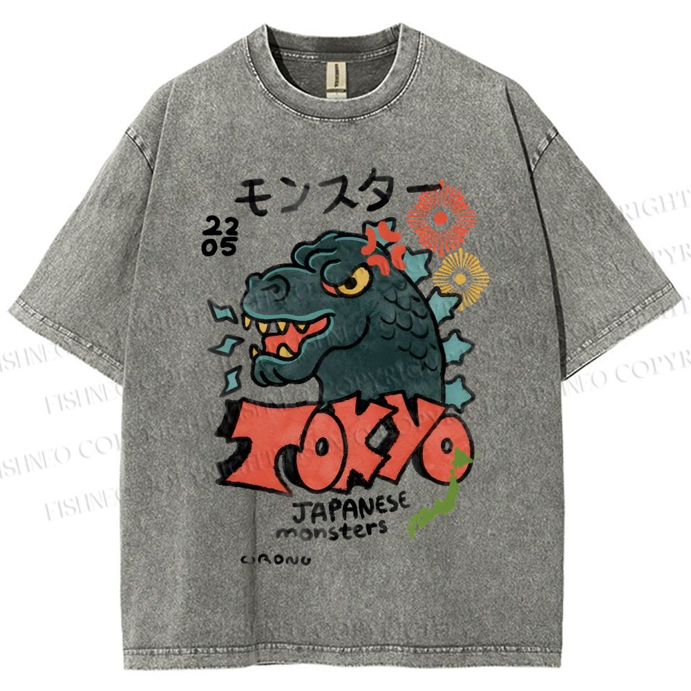 Unisex Japanese Monsters Printed Washed Tee