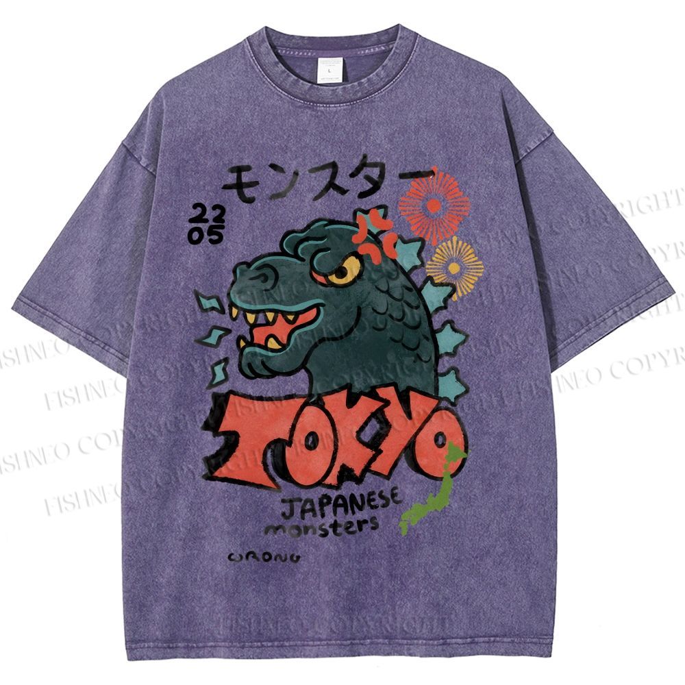 Unisex Japanese Monsters Printed Washed Tee