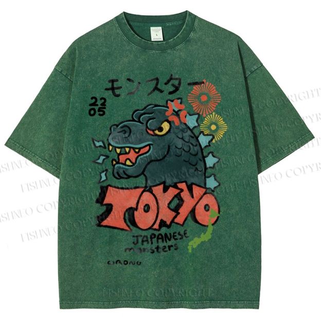 Unisex Japanese Monsters Printed Washed Tee